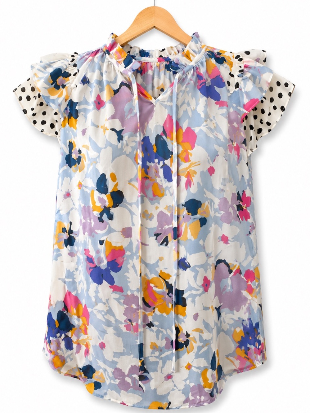 Floral Ruffle Sleeve Blouse w/ Dalmatian Print Detail | Colorful Boho Top